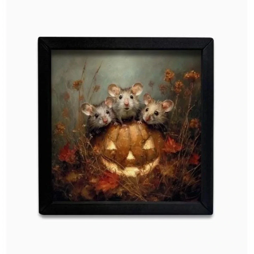 Three Little Mice Pumpkin Fall Box Frame Halloween Picture 12x12 Wall Decor NEW